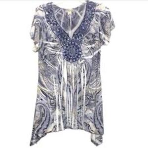 🌞 World Unity blue white blouse bling v-neckline paisley short sleeves women M
